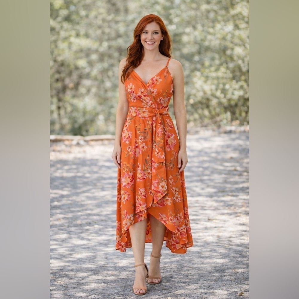 VINCE CAMUTO NWT Womens Belted Surplice tulip style high/low hemline midi dress